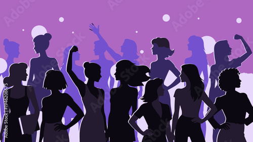 Empowered Women Purple Silhouettes Celebrating Strength vector illustration