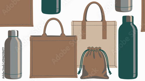 Reusable Bags and Bottles on White Background vector illustration