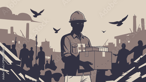 Aid Worker Delivers Relief Supplies After Disaster vector illustration