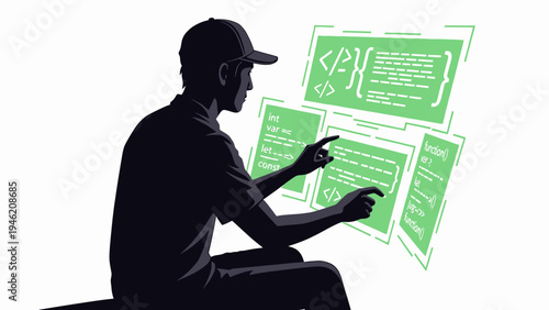 Programmer Coding on Virtual Interface vector illustration