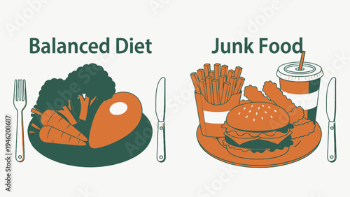 Balanced Diet and Junk Food Comparison vector illustration