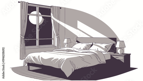 Bedroom Interior with Night Sky and Moonlight vector illustration