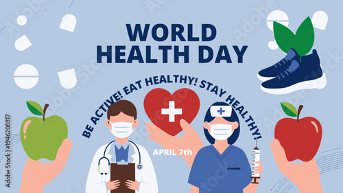 World Health Day Concept with Doctors Apple and Running Shoes vector illustration
