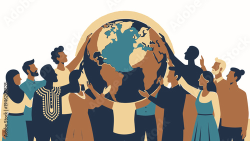 Diverse Group Holding Up World Globe vector illustration
