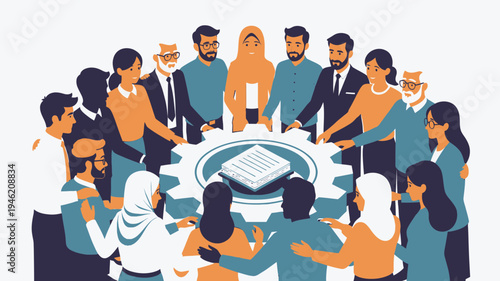 Diverse Team Collaboration Around a Gear Wheel vector illustration