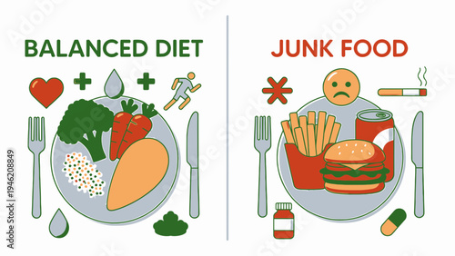 Balanced Diet vs Junk Food Concept vector illustration