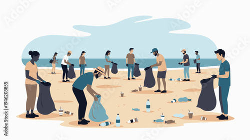 Beach Cleanup Volunteers Collecting Trash Together vector illustration