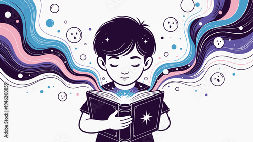Boy Reading Magic Book with Colorful Energy vector illustration