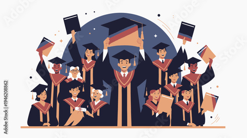 Graduation Day Celebration With Happy Graduates vector illustration