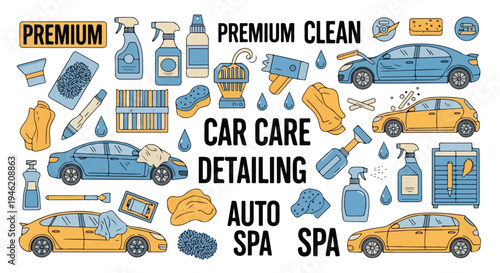 Flat lay of various car care and detailing icons and products on a clean white background with a focus on auto spa and premium clean services.
