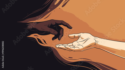 Hands Reaching Out in Contrast of Light and Dark vector illustration