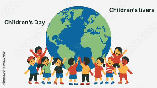 Children's Day Celebration with Globe and Cheerful Kids vector illustration