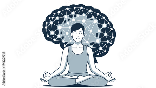 Meditating Woman with Glowing Brain Network vector illustration