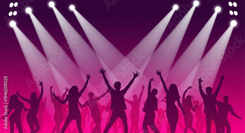 Energetic silhouettes of diverse people dancing and celebrating under a vibrant array of spotlights at a lively music event or party