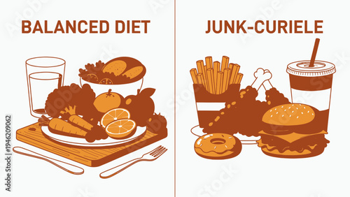 Balanced Diet vs Junk Food Comparison vector illustration