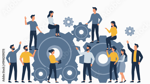 Teamwork and Collaboration Metaphor with People and Gears vector illustration