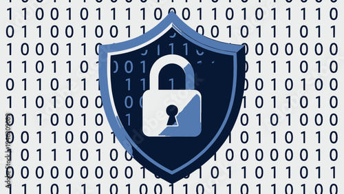 Cybersecurity Shield with Lock on Binary Code Background vector illustration