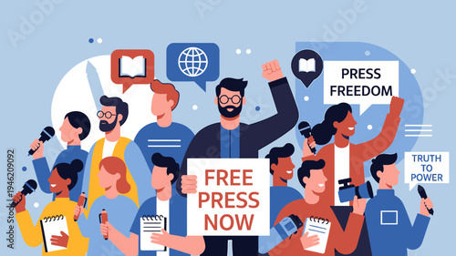 Group of People Protesting for Free Press vector illustration
