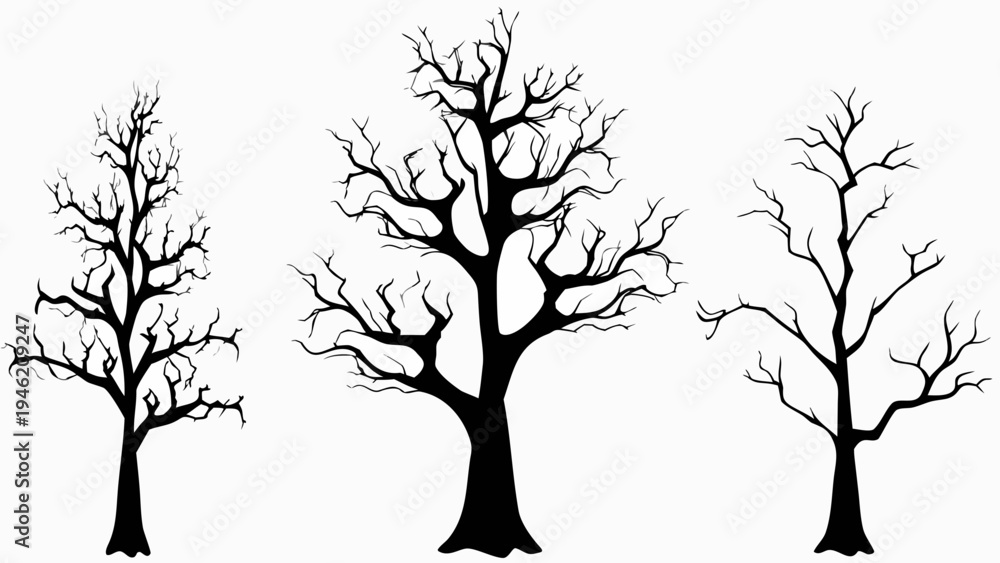 Fototapeta premium A set of bare tree silhouettes against a white background