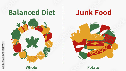 Balanced Diet Versus Junk Food Visual Comparison vector illustration