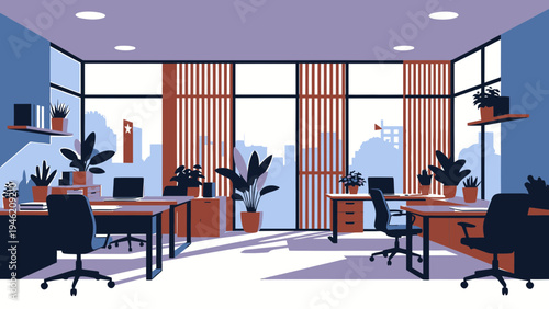 Modern Office Space with City View and Plants vector illustration