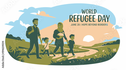 World Refugee Day Banner with Walking Family vector illustration