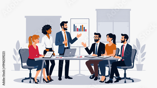 Diverse Team Meeting Around Conference Table vector illustration