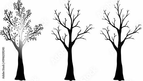 A set of tree silhouettes in various stages of growth and decay on a white background