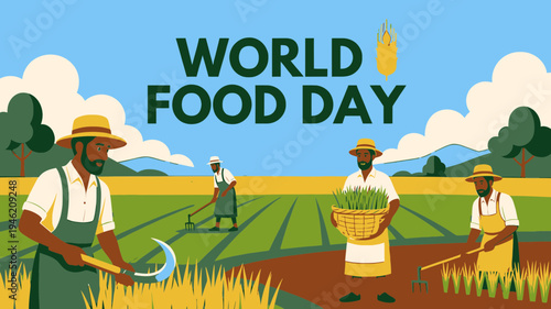 World Food Day Illustration with Farmers Harvesting Crops vector illustration