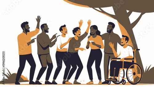 Diverse Group Celebrates Together Under Tree vector illustration