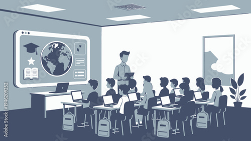 E Learning Classroom with Students and Teacher vector illustration