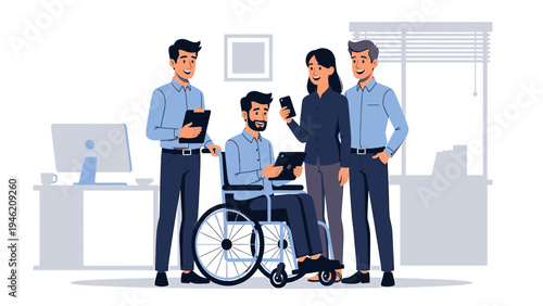 Inclusive Team Meeting with Disabled Colleague in Office vector illustration