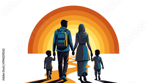 Family Walking Towards Golden Horizon Back View vector illustration