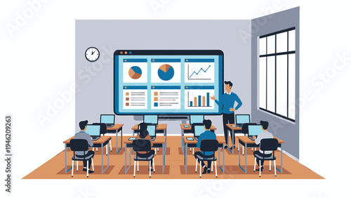Business Training Classroom with Presenter and Data on Screen vector illustration
