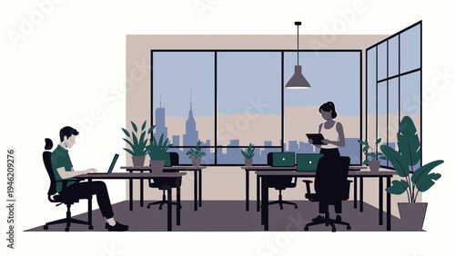 Modern Co-Working Space with City View vector illustration