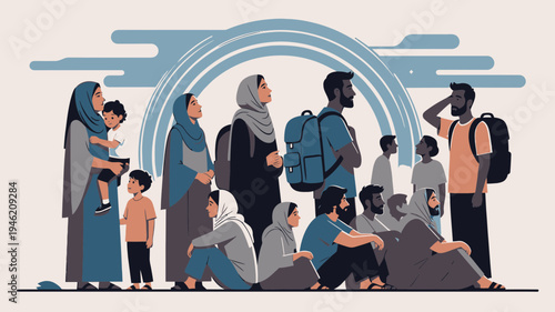 Displaced People Waiting vector illustration