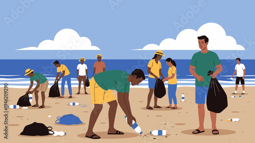 Beach Clean Up with Volunteers vector illustration