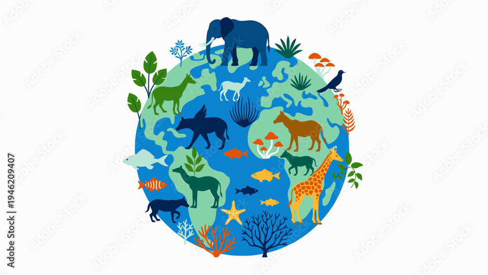Fototapeta premium Earth Globe with Animals and Plants vector illustration