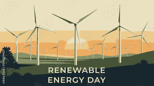 Renewable Energy Day Wind Turbines Landscape vector illustration