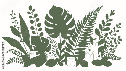 Bohemian Arrangement of Tropical Greenery and Candles vector illustration