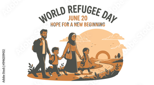 World Refugee Day Concept with Family Walking vector illustration