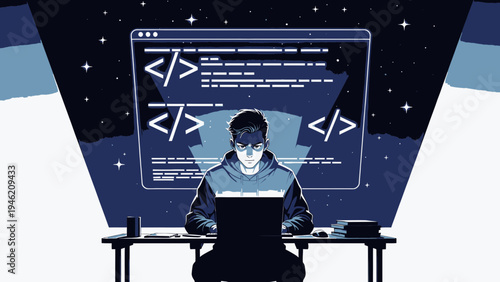 Focused Programmer Coding at Night vector illustration