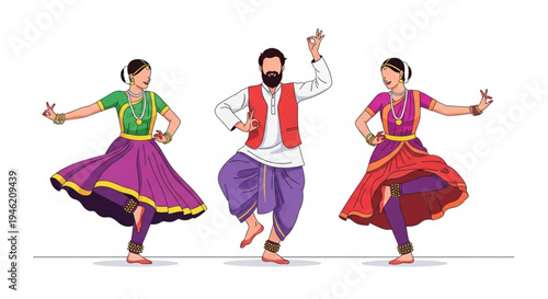 International Dance Day Vibrant Indian classical dancers in colorful traditional attire performing on a white background