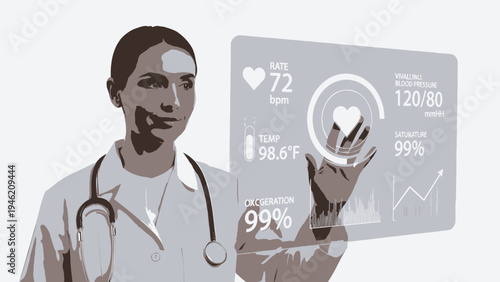 Doctor Analyzing Patient Data On Futuristic Screen vector illustration