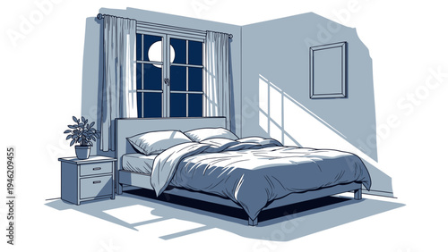 Bedroom At Night With Moonlight Shining Through Window vector illustration