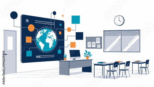 Office Room with Earth Global Network and Connected Devices vector illustration
