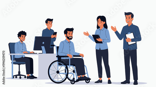 Inclusive Business Team with Person in Wheelchair vector illustration