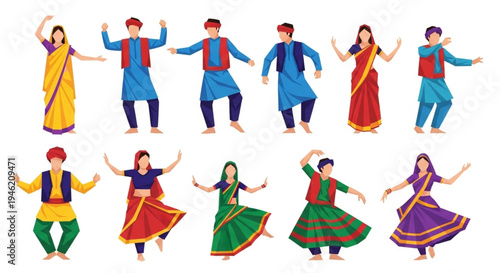 Vibrant spectacle of Indian folk dancers in traditional colorful costumes, gracefully performing diverse poses that embody the rich cultural heritage and joyful spirit of celebration