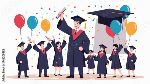 Graduation Celebration with Students and Confetti vector illustration