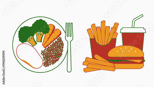 Healthy Eating vs Unhealthy Food Concept vector illustration